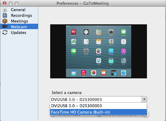 Selecting the desired webcam through GoToMeeting Control Panel