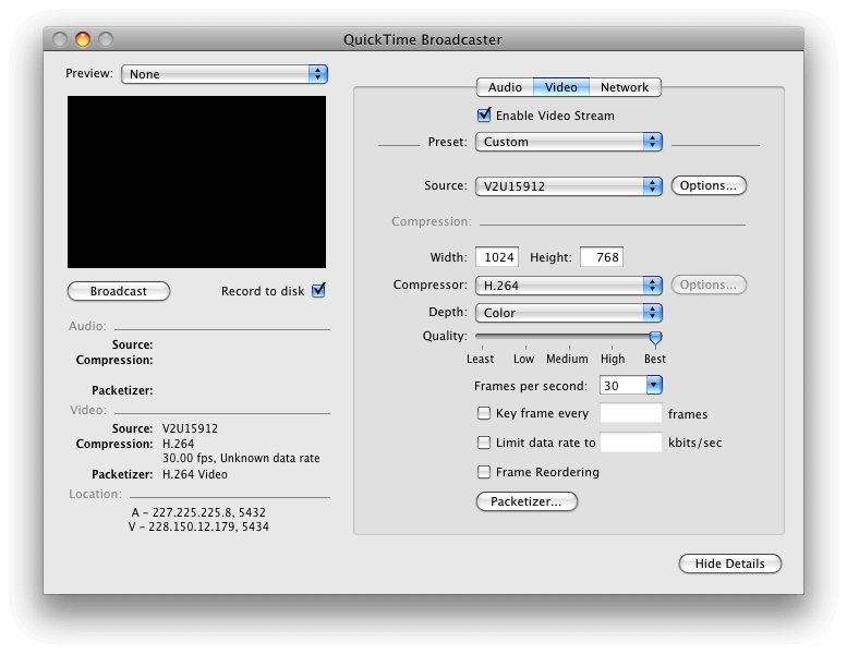 QuickTime Broadcaster configuration