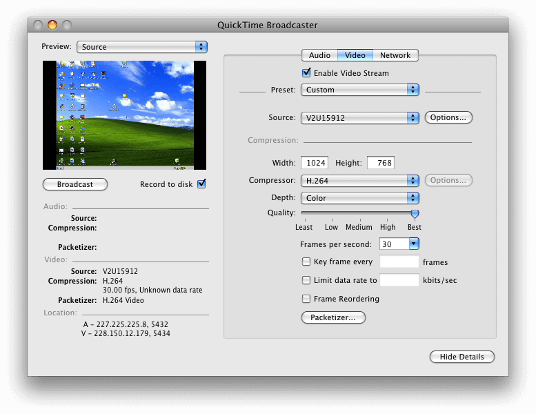 QuickTime Broadcaster configuration