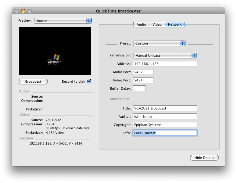 QuickTime Broadcaster configuration