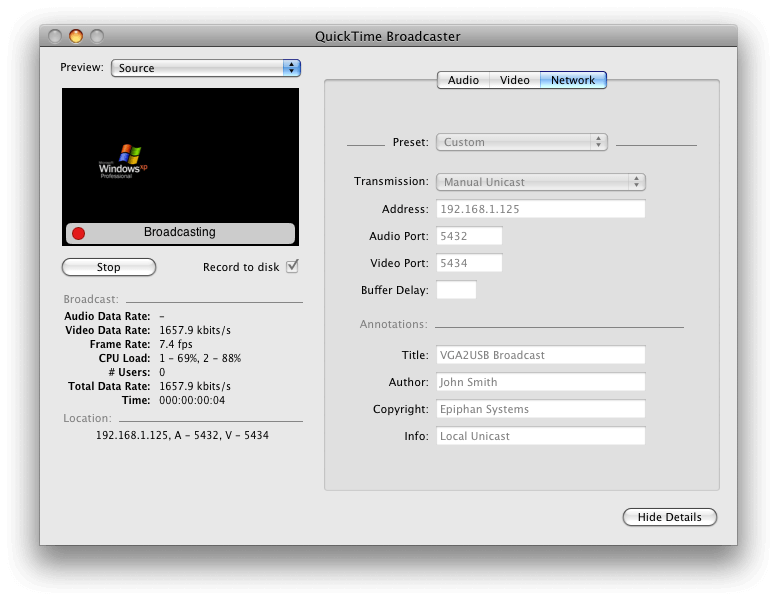 QuickTime Broadcaster configuration