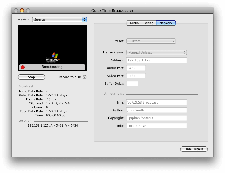 QuickTime Broadcaster configuration