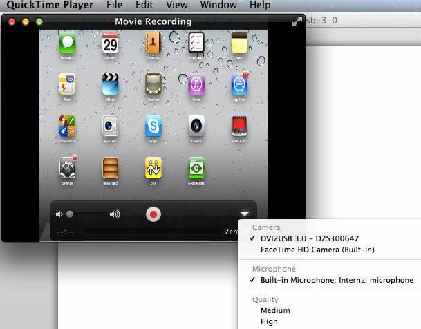 QuickTime Player recording iPad2 HDMI out using DVI2USB3.0 as a frame grabber