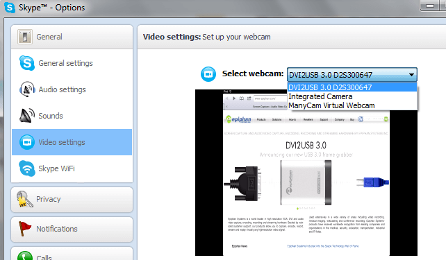 Skype window to change webcam to use Epiphan frame grabber