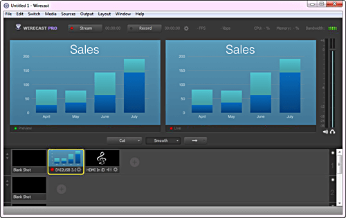 Wirecast screen showing live streaming via RTMP of a laptop screen