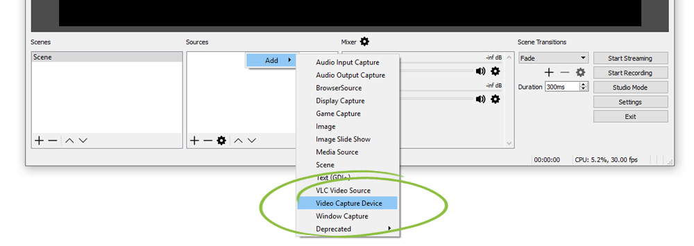 Add a video capture device in OBS studio