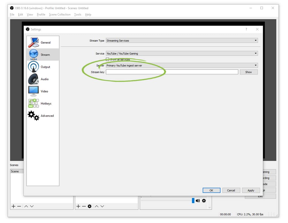 Paste your YouTube stream key into the OBS Studio settings box.