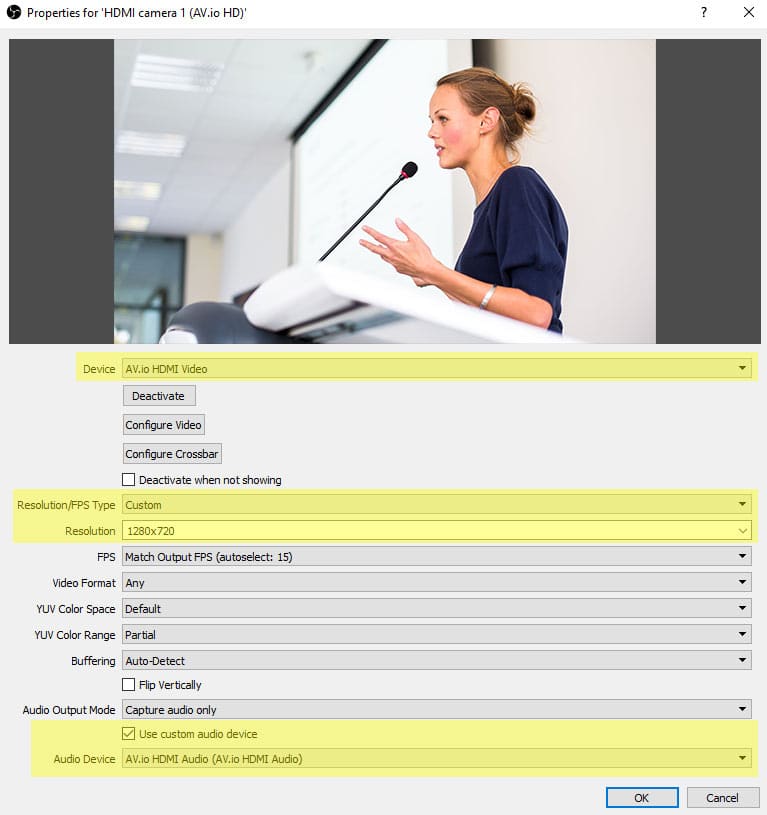 OBS Capture Device AV.io Properties