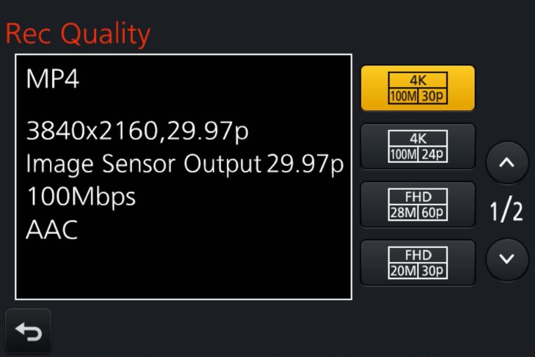 Panasonic GH4 Choose Recording Quality