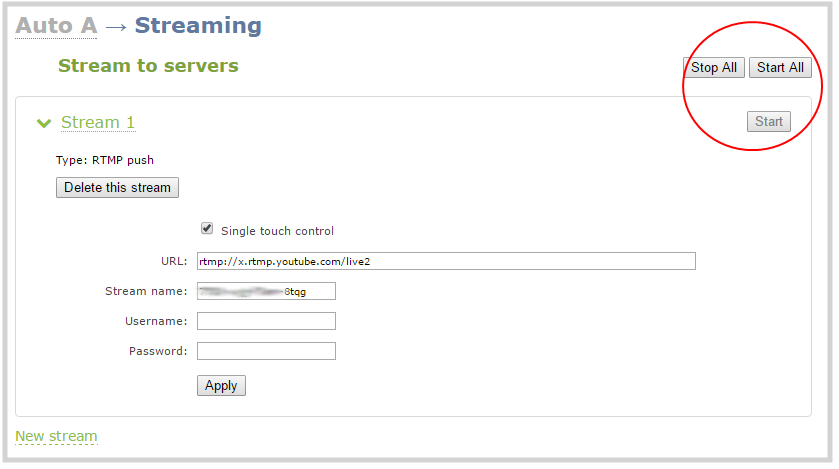 Pearl RTMP stream start/stop controls