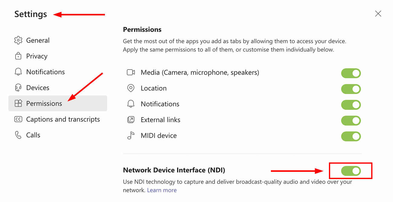 enable Microsoft Teams NDI