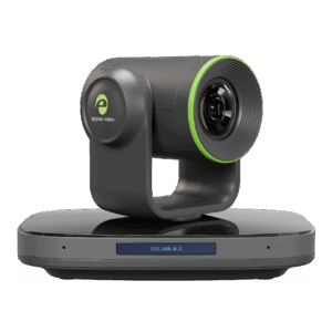 Epiphan EC20, an AI auto-tracking PTZ camera with 20x zoom, mounted on a sleek black base displaying an IP address.