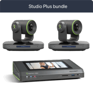 Two Epiphan EC20 AI auto-tracking PTZ cameras (20x zoom) and a PEARL-2 video capture device in a Studio Plus bundle.