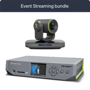 Epiphan EC20 AI auto-tracking PTZ camera with 20x zoom above a Pearl Nano streaming device, labeled "Event Streaming bundle.