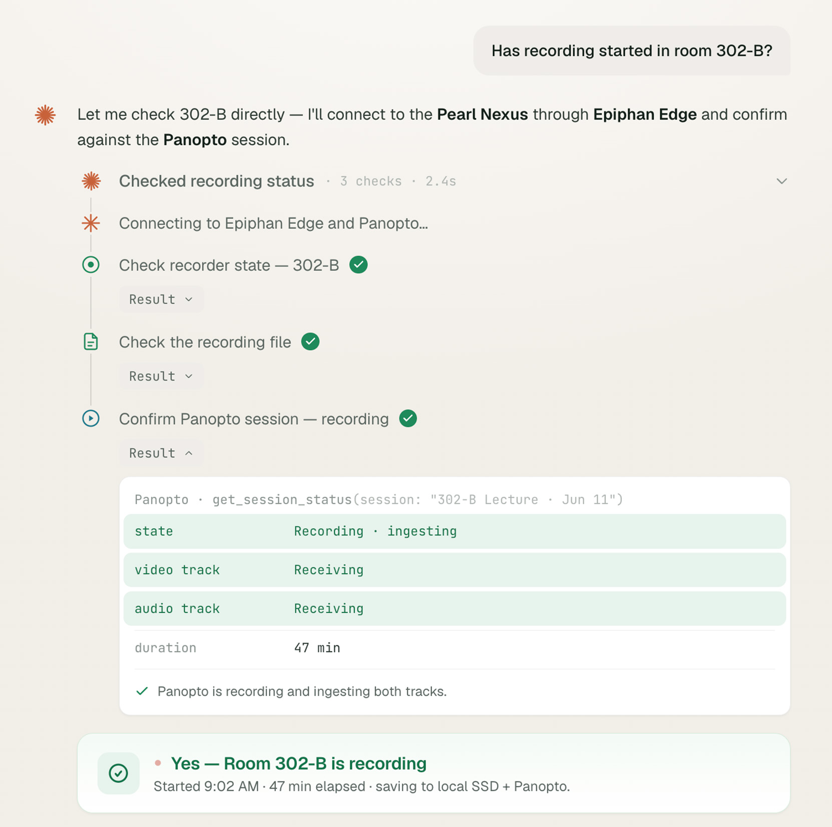 An AI assistant is asked about a lecture room and returns device status, the selected source, audio levels, and the recording destination.