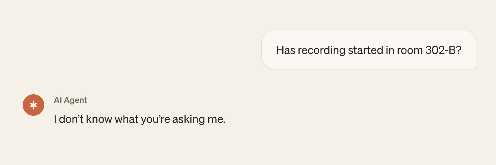 An AI assistant is asked whether a recording started in a lecture room and replies that it cannot reach the device.